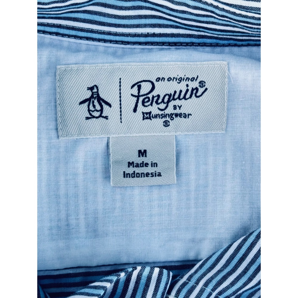 Original Penguin Mens Blue White Striped Short Sleeve Button Down Shirt Medium - Picture 3 of 9
